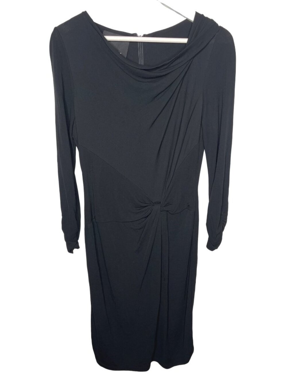 Carlisle Womens 4 Black Ruched Midi Sheath Dress Long Sleeve Quiet Luxury